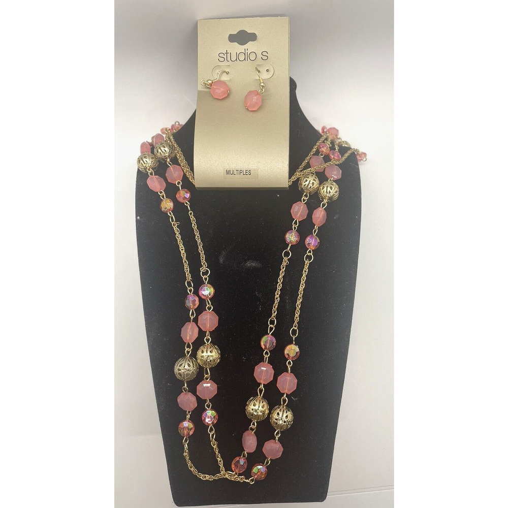Earrings with Necklace Set Pink Beads Gold Plated Fashion Costume Jewelry
